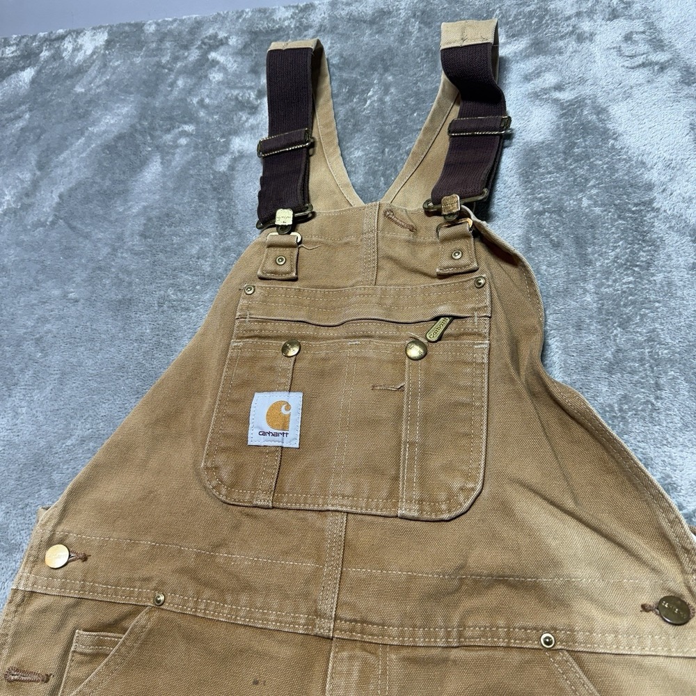 Carhartt Overalls Mens 34x32 Beige Tan Double Knee Canvas Workwear Straight Leg - Picture 3 of 12